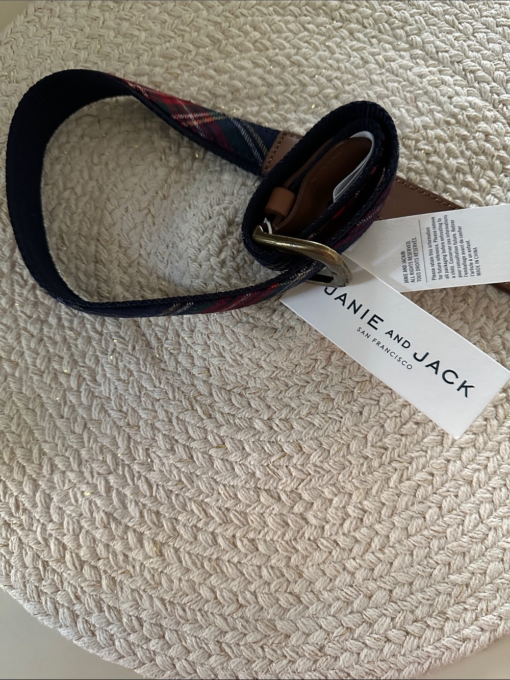 Janie and Jack Navy and Red Plaid Fabric Belt with Leather Trim NWT
